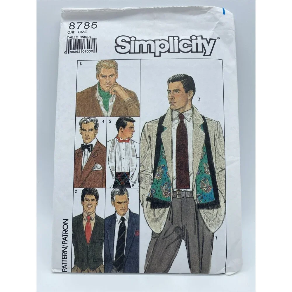 Simplicity 8785 Men’s Accessories Ties Scarf Cummerbund Sewing Pattern 1996